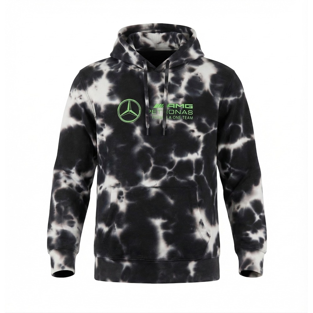 Mercedes AMG Petronas F1 Team Tie Dye Hoodie Men's L Black White Green Logo NWT